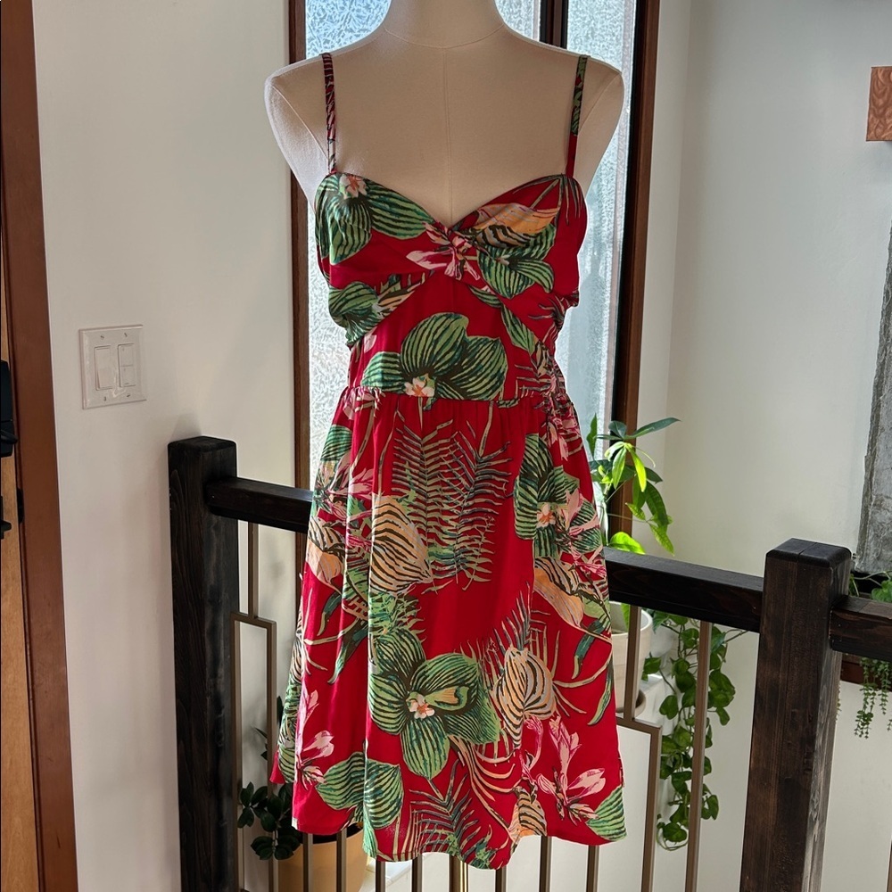 Roxy For Shore Red Colorful‎ Tropical Botanical Print Spaghetti Strap Sundress M